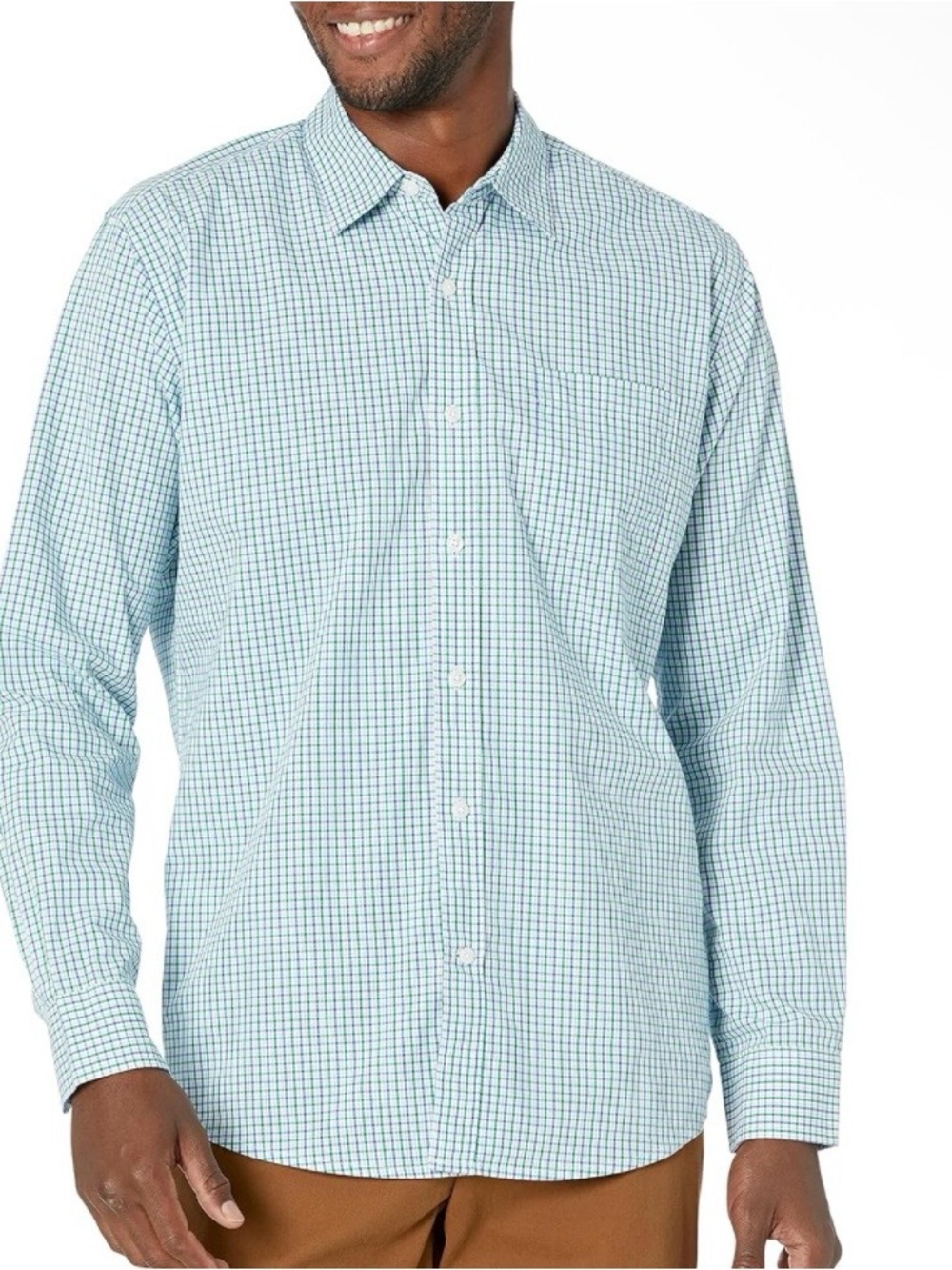NWT Amazon Essentials Men's Light Blue Checked Long-Sleeve Button-Down Shirt
